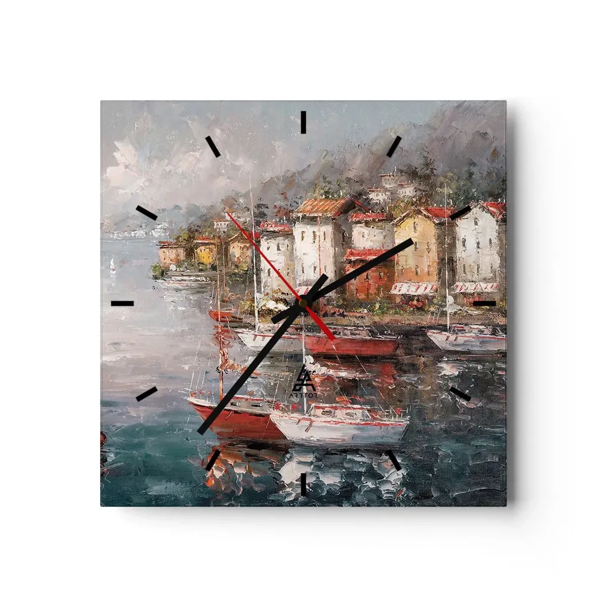 Väggklocka - Klocka på glas - Romantisk hamn - 30x30 cm