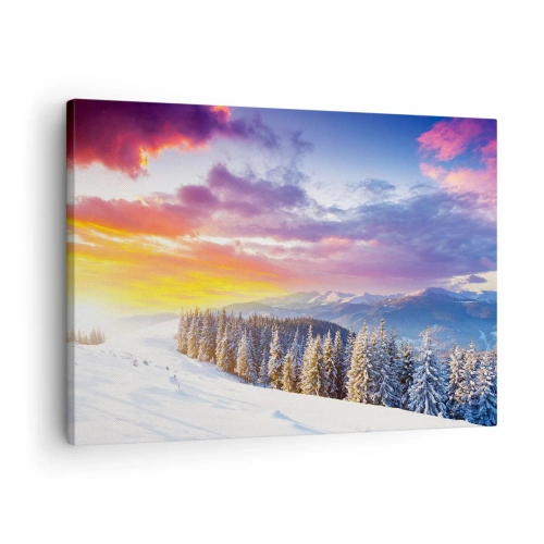 Canvastavla - Bild på duk - Vinterlandskap med berg och skog vid solnedgången - 70x50cm - Mitt på blanka dagen - Modern väggdekoration för vardagsrum och sovrum ARTTOR