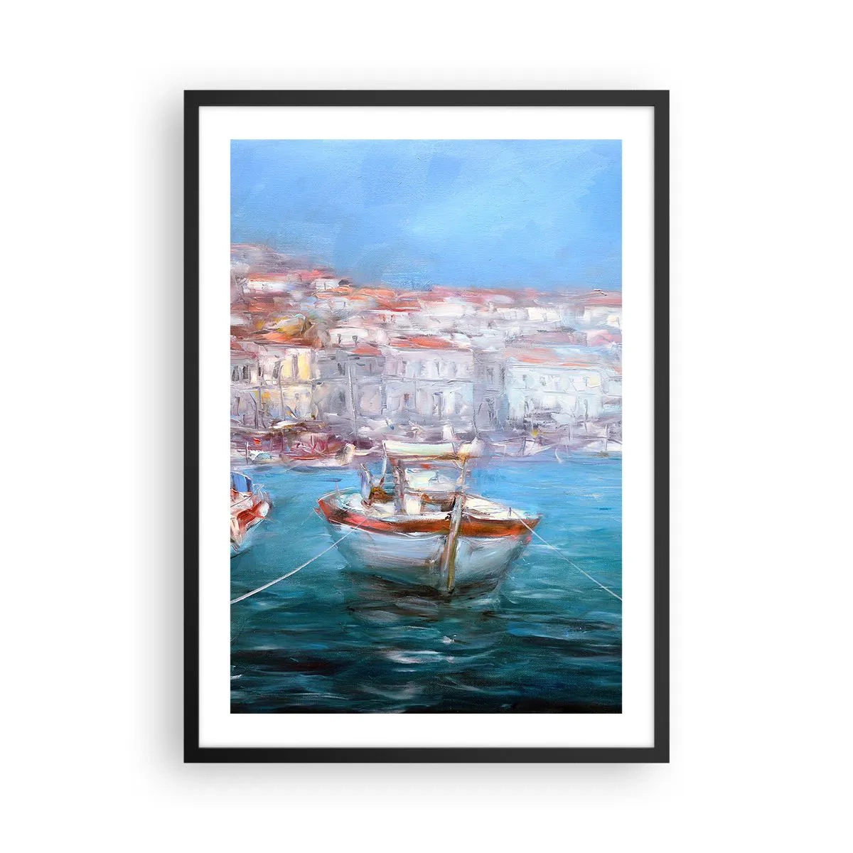 Affisch i svart ram - En båt i hamnen, med utsikt över staden - 50x70cm - Italiensk vik - Modern väggdekoration för vardagsrum och sovrum ARTTOR