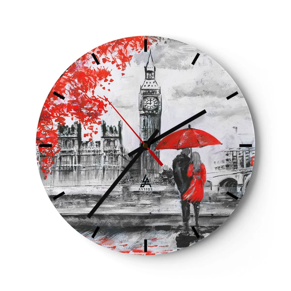 Väggklocka - Klocka på glas - Ett par under ett rött paraply med Big Ben och parlamentet i bakgrunden. - 30x30cm - Förälskade i London - Modern väggdekoration för vardagsrum, kök och sovrum ARTTOR