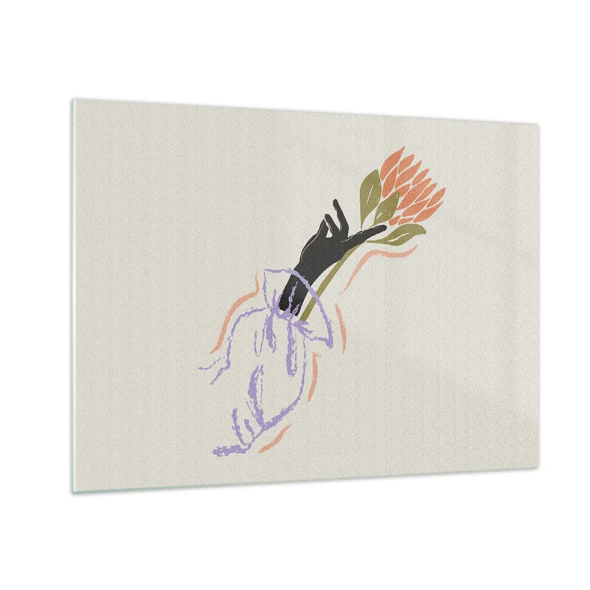 Glastavla - Bild på glas - En stiliserad hand med en blombukett ritad med pastelllinjer. - 70x50cm - En systerlig beröring - Modern väggdekoration för vardagsrum och sovrum ARTTOR