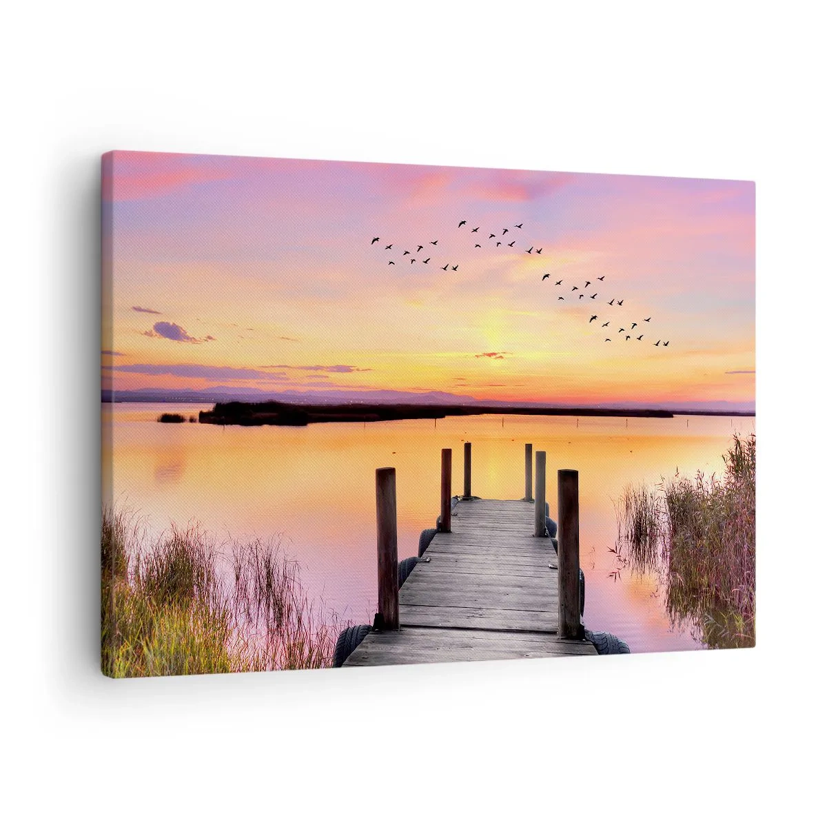 Canvastavla - Bild på duk - En pir vid en sjö vid solnedgången med fåglar på himlen - 70x50cm - Tyst viol gryning - Modern väggdekoration för vardagsrum och sovrum ARTTOR