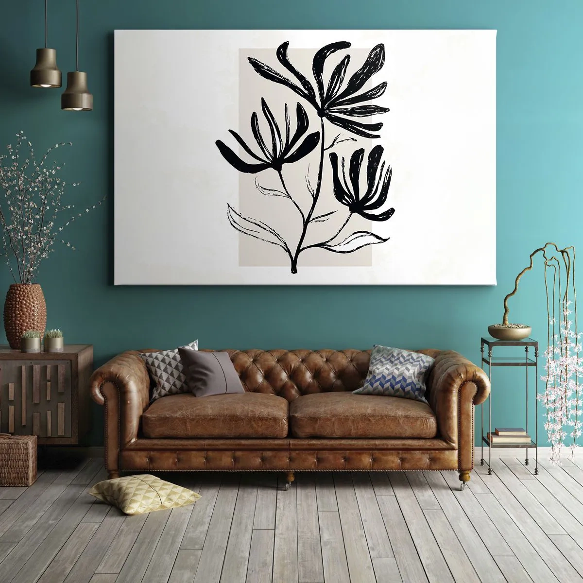 Canvastavla - Bild på duk - Minimalistiskt svartvitt blommotiv - 70x50cm - Skiss för ett herbarium - Modern väggdekoration för vardagsrum och sovrum ARTTOR