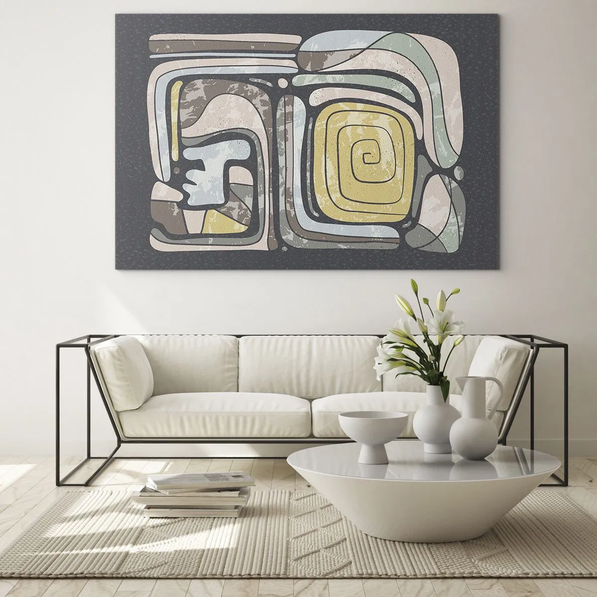 Glastavla - Bild på glas - Geometrisk abstraktion i jordnära toner mot svart bakgrund - 70x50cm - Abstraktion i en förcolumbiansk anda - Modern väggdekoration för vardagsrum och sovrum ARTTOR