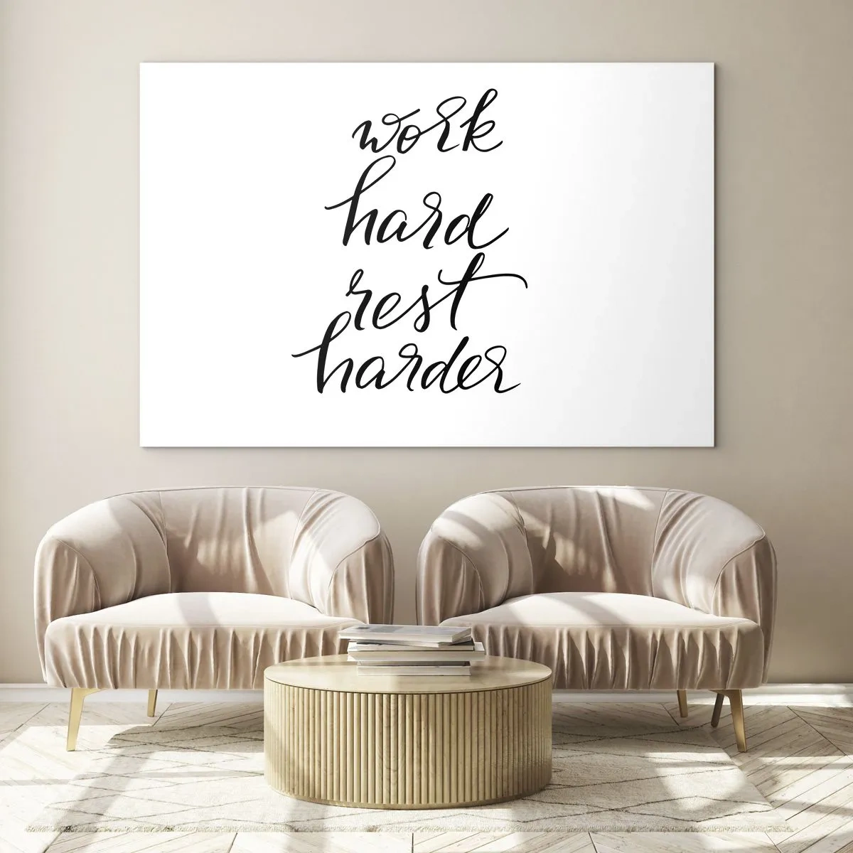 Glastavla - Bild på glas - Typografisk inskription "arbeta hårt, vila hårdare" i ett elegant typsnitt - 70x50cm - Livsbalans - Modern väggdekoration för vardagsrum och sovrum ARTTOR