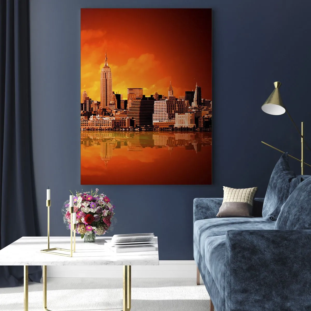 Glastavla - Bild på glas - Stostadspanorama i gul och brunt - 50x70 cm