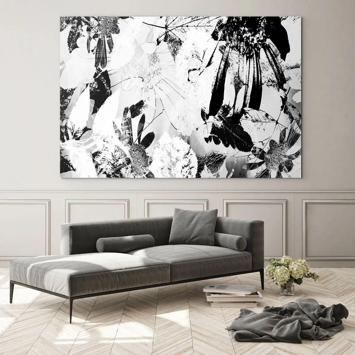 Glastavla - Bild på glas - Svartvitt blomsterarrangemang i konstnärlig stil - 70x50cm - Höst i negativet - Modern väggdekoration för vardagsrum och sovrum ARTTOR