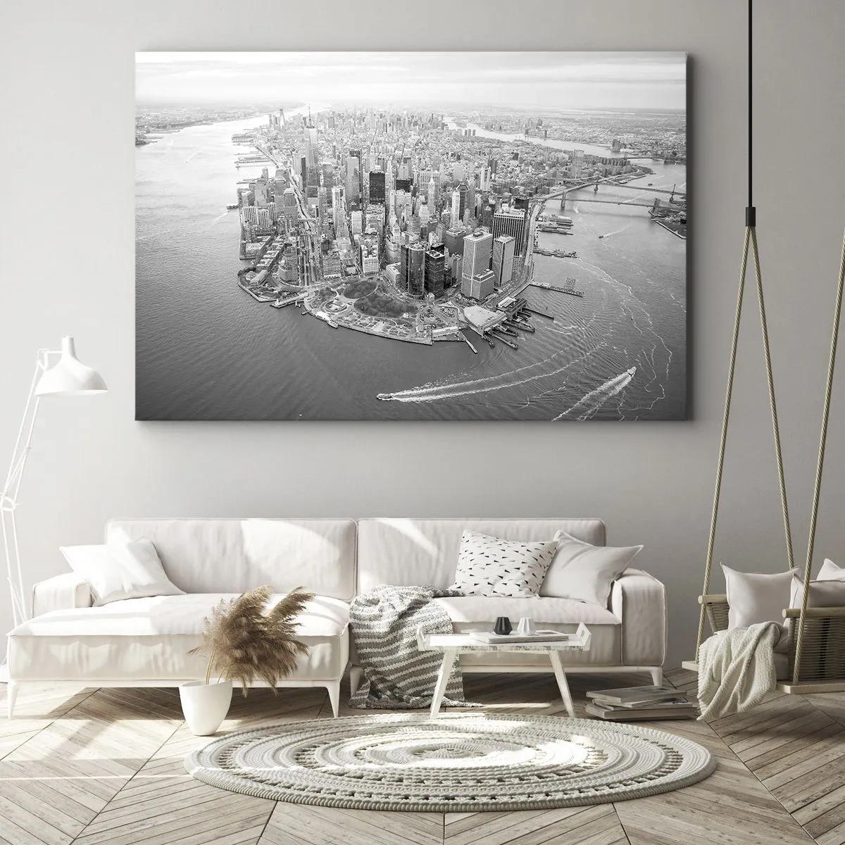 Canvastavla - Bild på duk - Flygfoto över Manhattan i svartvitt - 70x50cm - Hur man inte älskar? - Modern väggdekoration för vardagsrum och sovrum ARTTOR