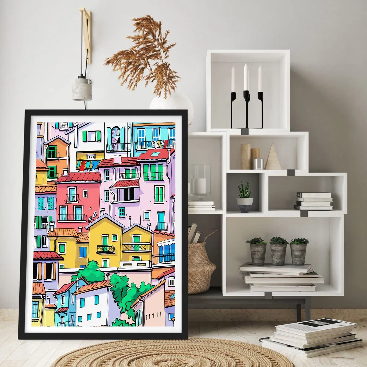 Affisch i svart ram - Färgglada hyreshus i illustrativ stil - 50x70cm - Gladlynt stad - Modern väggdekoration för vardagsrum och sovrum ARTTOR