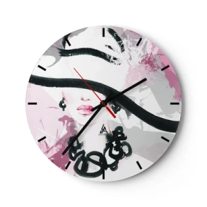 Väggklocka - Klocka på glas - Ett elegant porträtt av en kvinna i svart och rosa stil - 30x30cm - En damportätt i svart och rosa - Modern väggdekoration för vardagsrum, kök och sovrum ARTTOR
