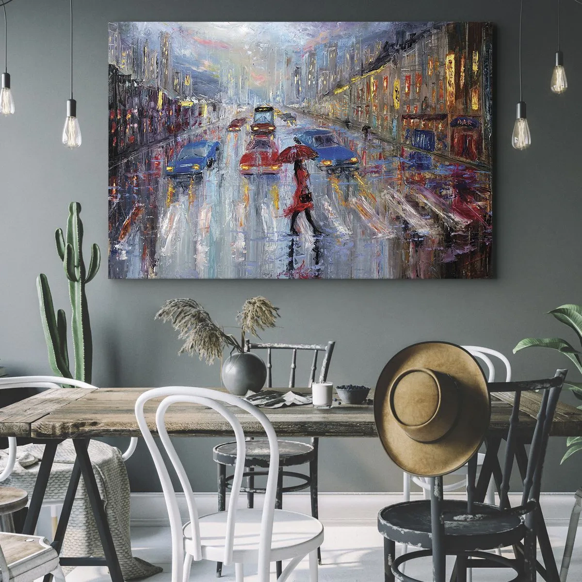 Canvastavla - Bild på duk - En kvinna med ett paraply på en regnig gata i neonljuset. - 70x50cm - Regnig eftermiddag i staden - Modern väggdekoration för vardagsrum och sovrum ARTTOR