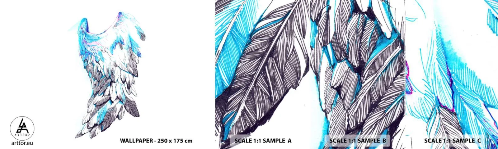 Provbit av självhäftande fototapet Deluxe Sticker - Jag behöver vingar - Abstraktion, Fågelvinge, Fågelfjädrar - 100x30 cm