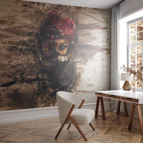 Självhäftande Fototapet Deluxe Sticker - Minst intrigerande - Abstraktion, Kvinnans ansikte, Orientaliska symboler - 300x210 cm