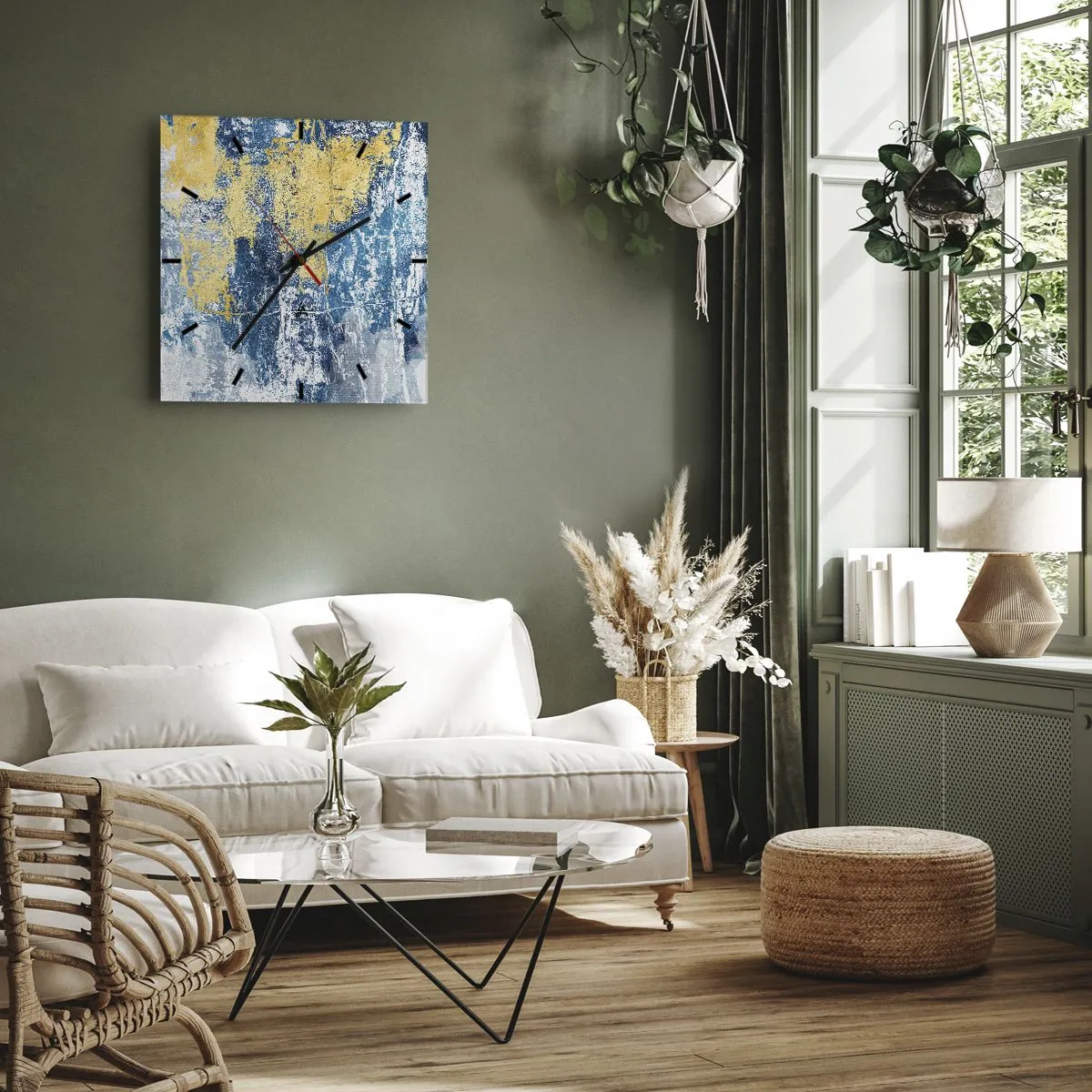 Väggklocka - Klocka på glas - En väderfylld abstraktion - 30x30 cm