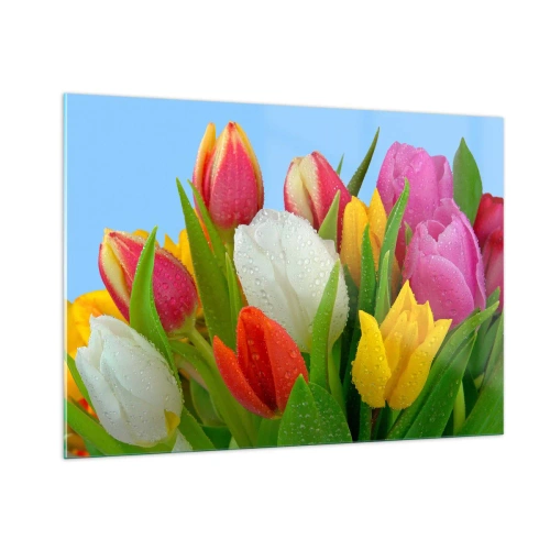 Glastavla - Bild på glas - blommig regnbåge i daggdroppar - 100x70 cm