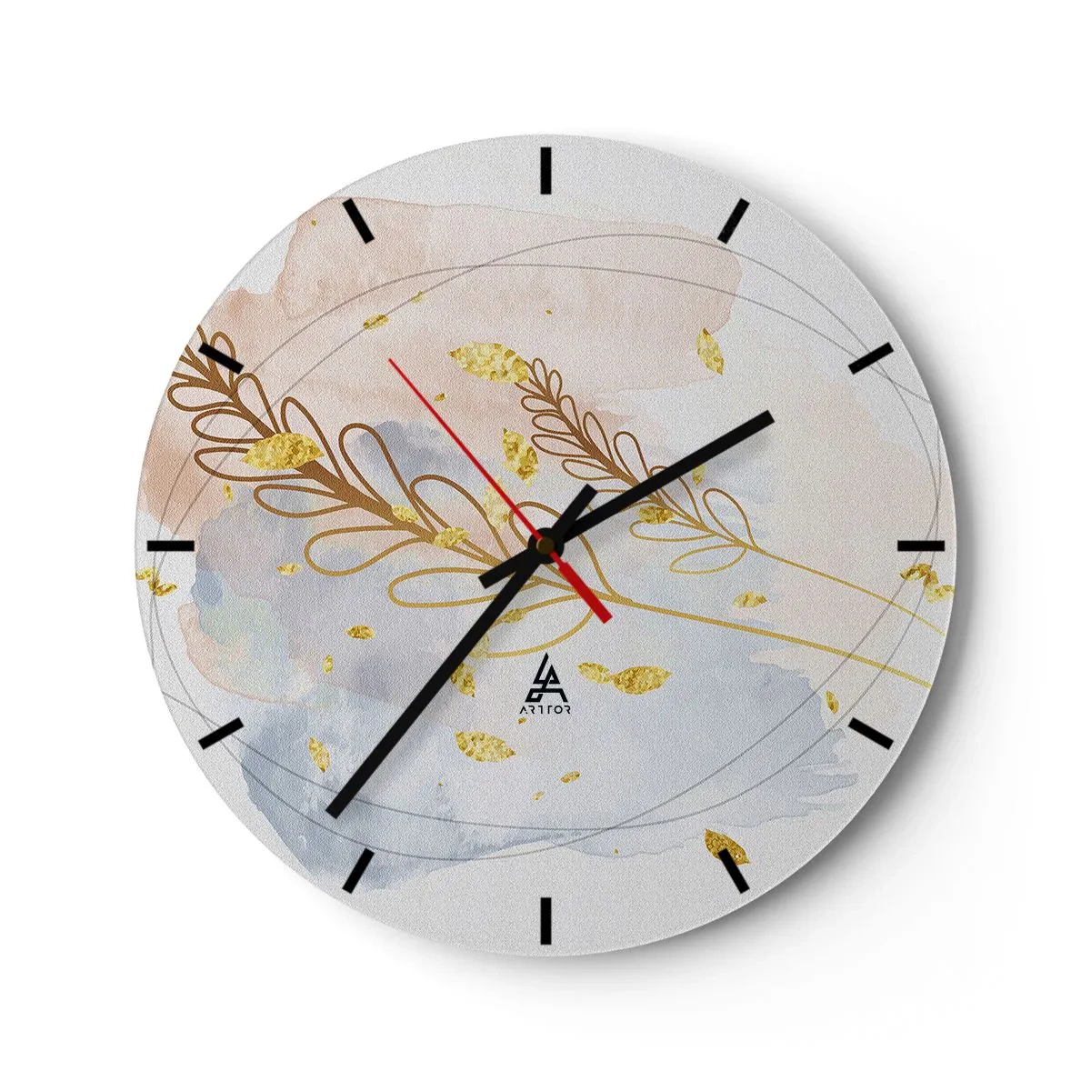 Väggklocka - Klocka på glas - Ett delikat blommotiv med gyllene accenter i akvarell - 30x30cm - En gyllene explosion - Modern väggdekoration för vardagsrum, kök och sovrum ARTTOR