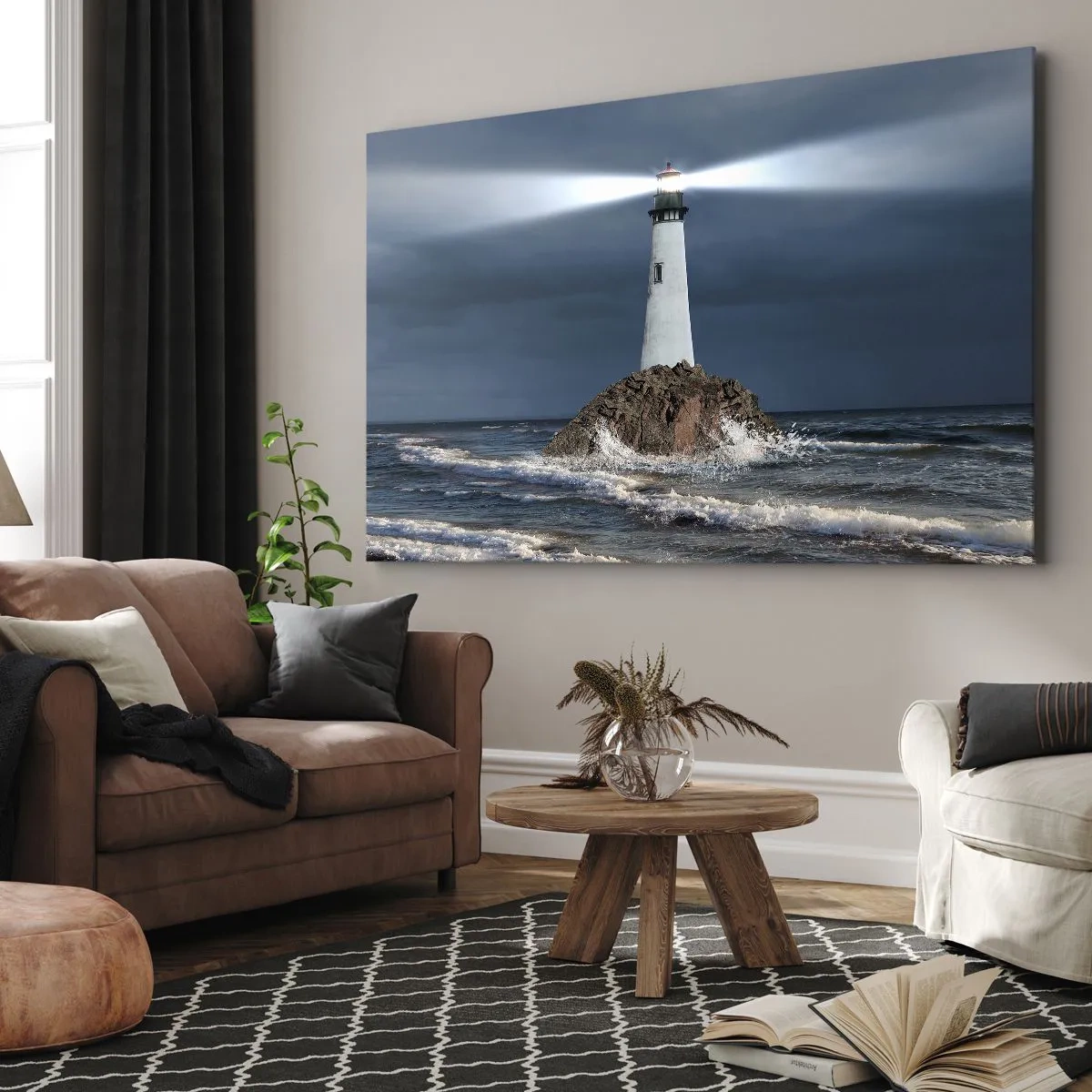 Canvastavla - Bild på duk - En fyr på en klippa omgiven av ett stormigt hav - 70x50cm - Här...här...här! - Modern väggdekoration för vardagsrum och sovrum ARTTOR