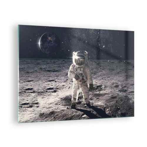 Glastavla - Bild på glas - Astronaut på månens yta med jorden i bakgrunden - 70x50cm - Hälsningar från månen - Modern väggdekoration för vardagsrum och sovrum ARTTOR