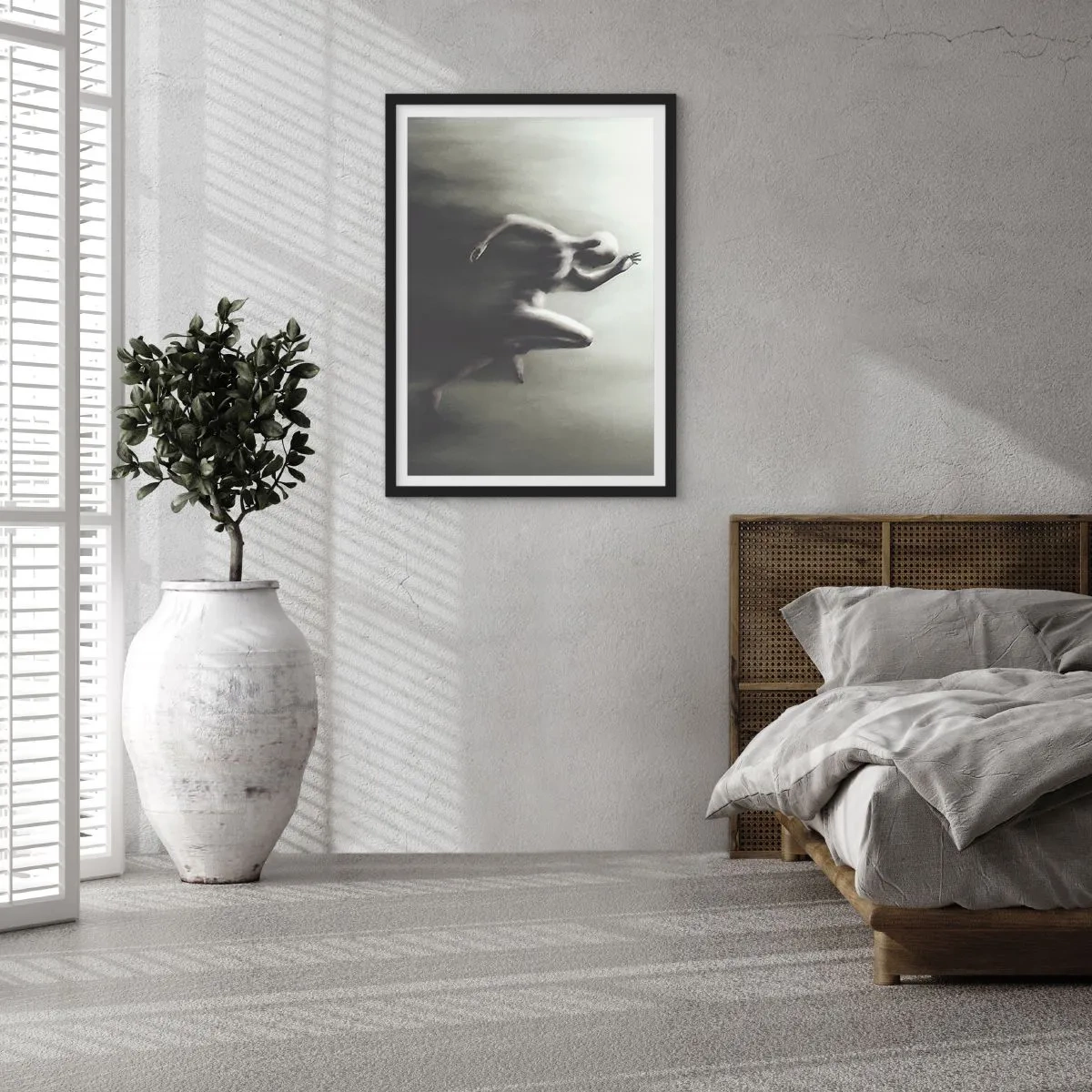 Affisch i svart ram - En abstrakt figur i rörelse i monokromatiska toner. - 50x70cm - Omöjlig att stoppa - Modern väggdekoration för vardagsrum och sovrum ARTTOR