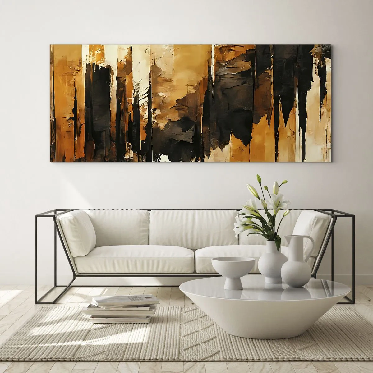 Glastavla - Bild på glas - Harmoni av svart och guld - 100x40 cm