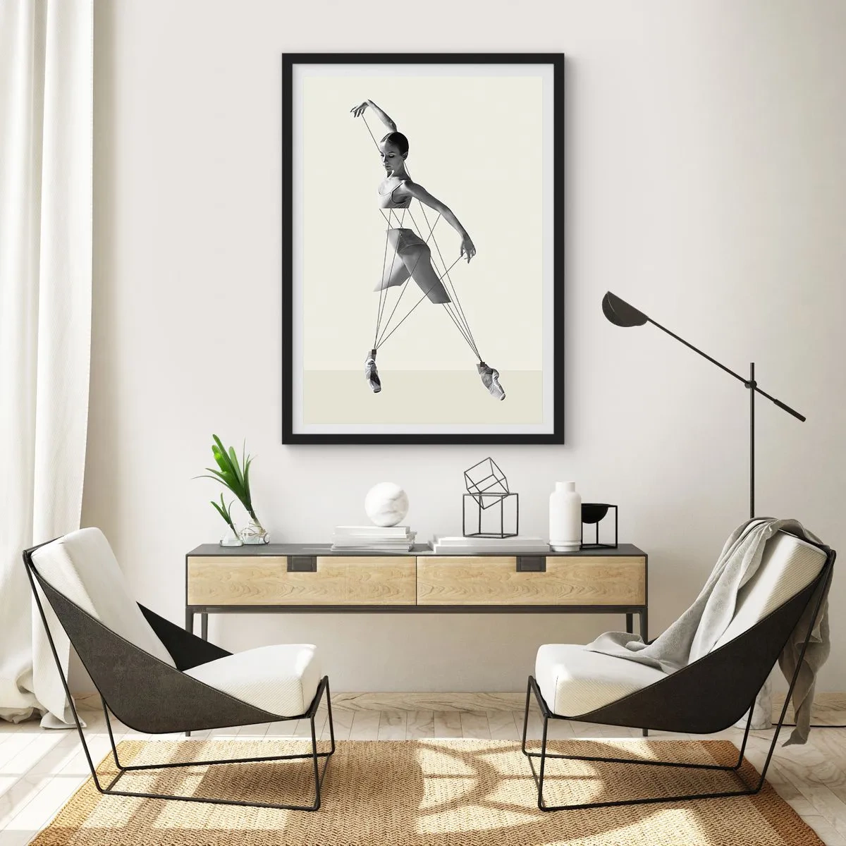 Affisch i svart ram - En ballerina i en konstnärlig komposition med geometriska linjer - 50x70cm - I världens teater - Modern väggdekoration för vardagsrum och sovrum ARTTOR