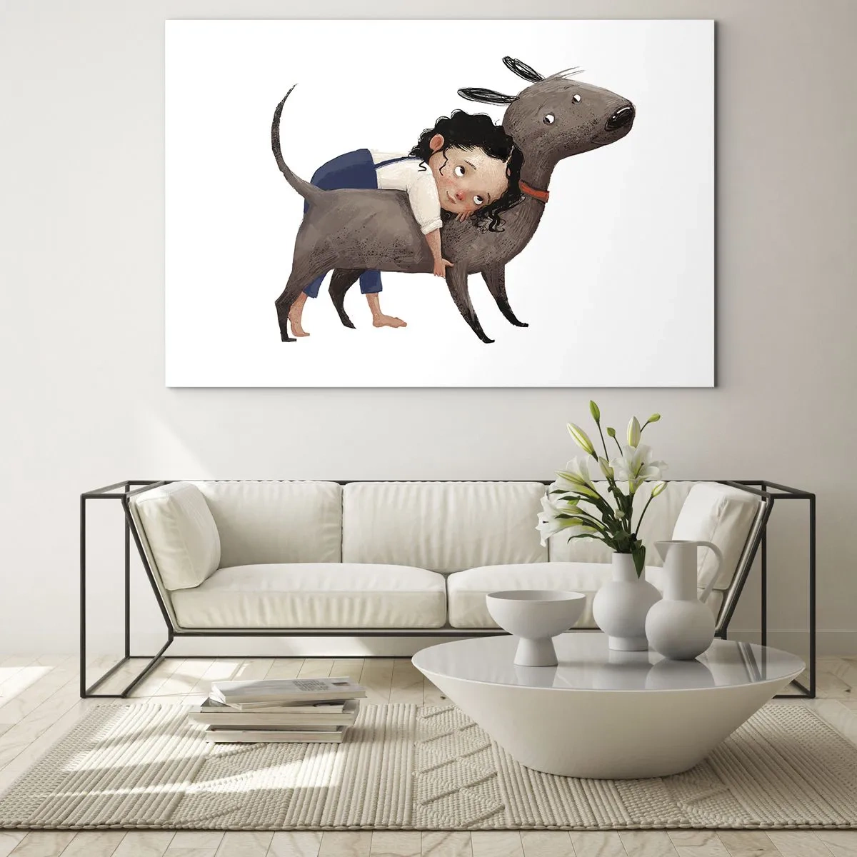 Glastavla - Bild på glas - En flicka som kramar en stor hund på en vit bakgrund - 70x50cm - Bästa vänner - Modern väggdekoration för vardagsrum och sovrum ARTTOR