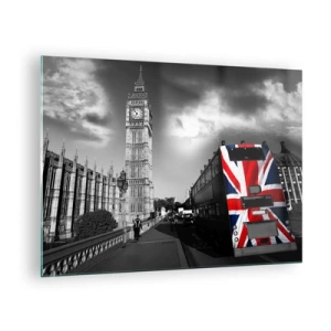 Glastavla - Bild på glas - Big Ben och en buss med en brittisk flagga - 70x50cm - Stolt och stor - Modern väggdekoration för vardagsrum och sovrum ARTTOR