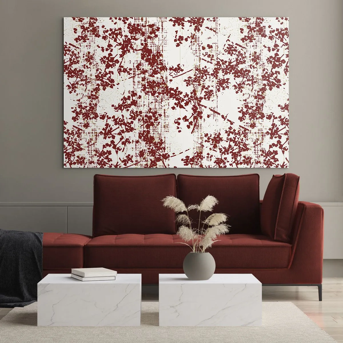 Glastavla - Bild på glas - Ett blommönster i rött på en ljus, sliten bakgrund - 70x50cm - Som en gammal percale - Modern väggdekoration för vardagsrum och sovrum ARTTOR