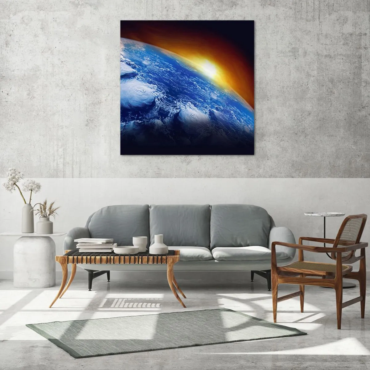 Glastavla - Bild på glas - Soluppgång över den blåa planeten - 50x50 cm