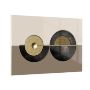 Glastavla - Bild på glas - Geometriska cirklar i guld och svart på en beige bakgrund - 70x50cm - Variationer runt en cirkel - Modern väggdekoration för vardagsrum och sovrum ARTTOR