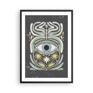 Affisch i svart ram - Ett symboliskt öga omgivet av växtmönster mot en mörk bakgrund. - 50x70cm - Stamritualer - Modern väggdekoration för vardagsrum och sovrum ARTTOR