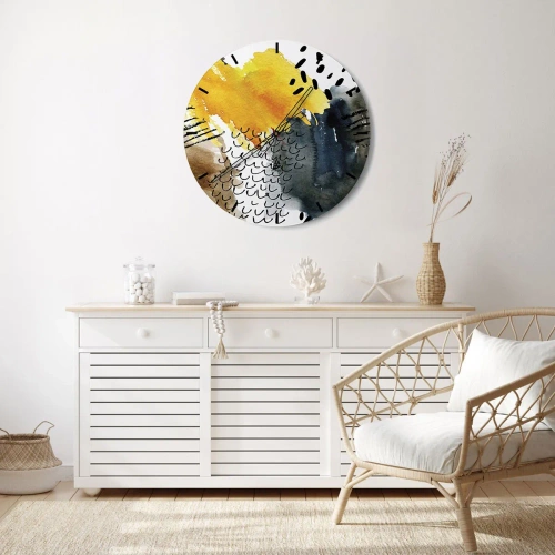 Väggklocka - Klocka på glas - Abstrakt mönster i gult, marinblått och svart - 30x30cm - Elementens möte - Modern väggdekoration för vardagsrum, kök och sovrum ARTTOR
