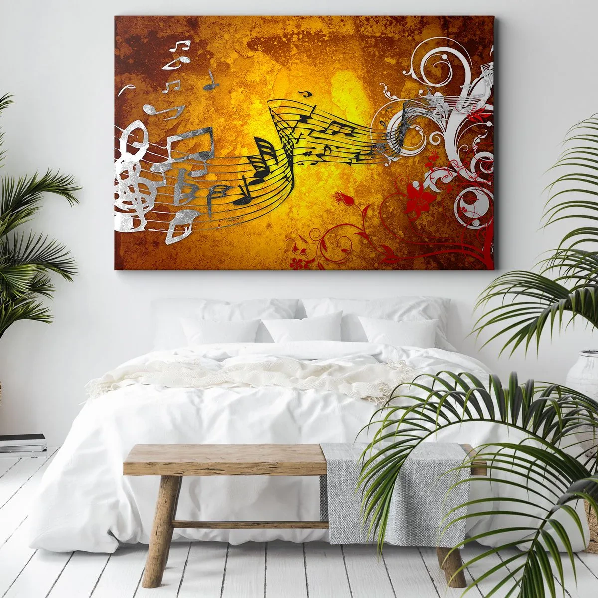 Canvastavla - Bild på duk - Abstrakta musiknoter på en färgglad bakgrund med ornament - 70x50cm - Låt musiken flyta - Modern väggdekoration för vardagsrum och sovrum ARTTOR