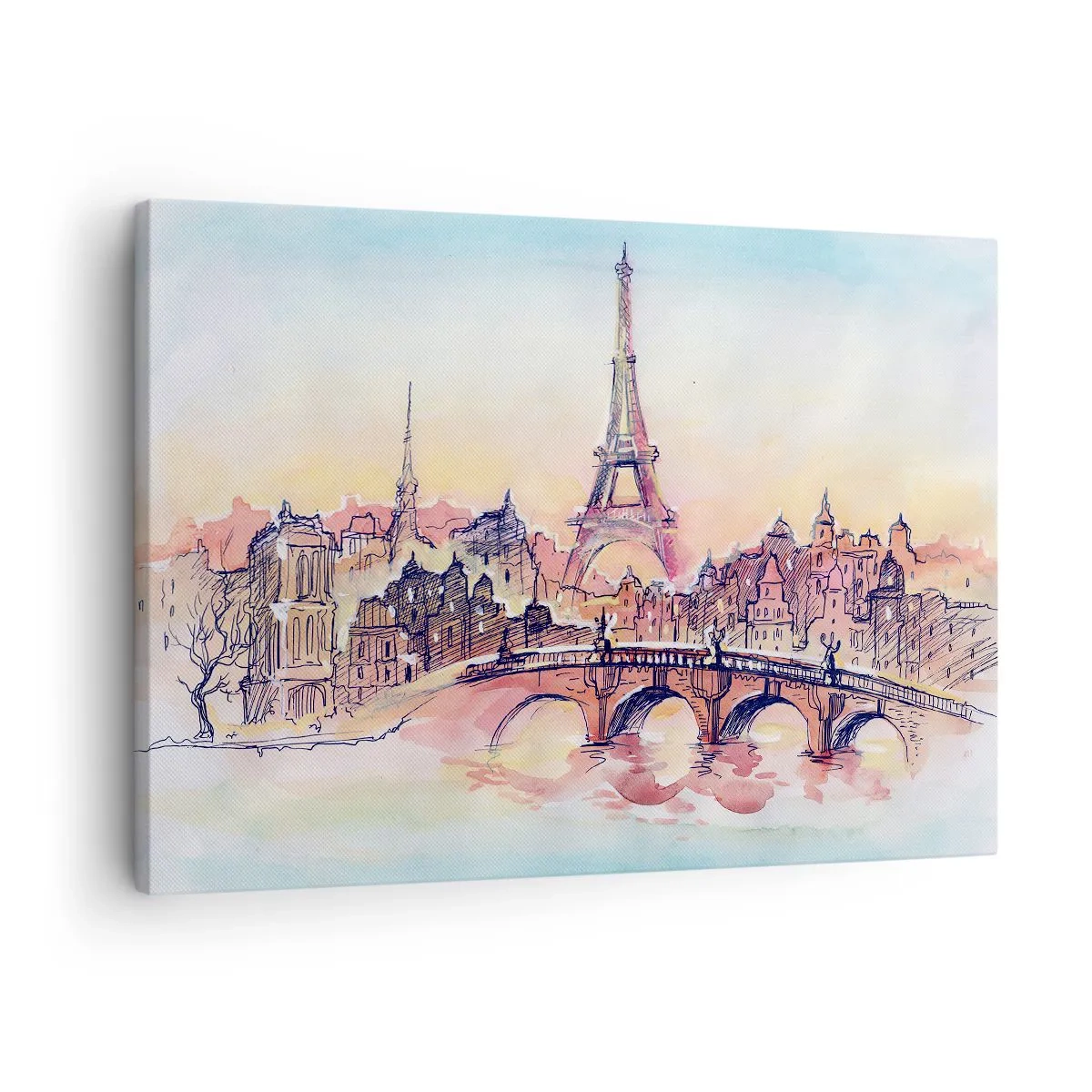 Canvastavla - Bild på duk - Akvarellpanorama över Paris med Eiffeltornet i solnedgången - 70x50cm - Den enda staden av denna art i världen - Modern väggdekoration för vardagsrum och sovrum ARTTOR