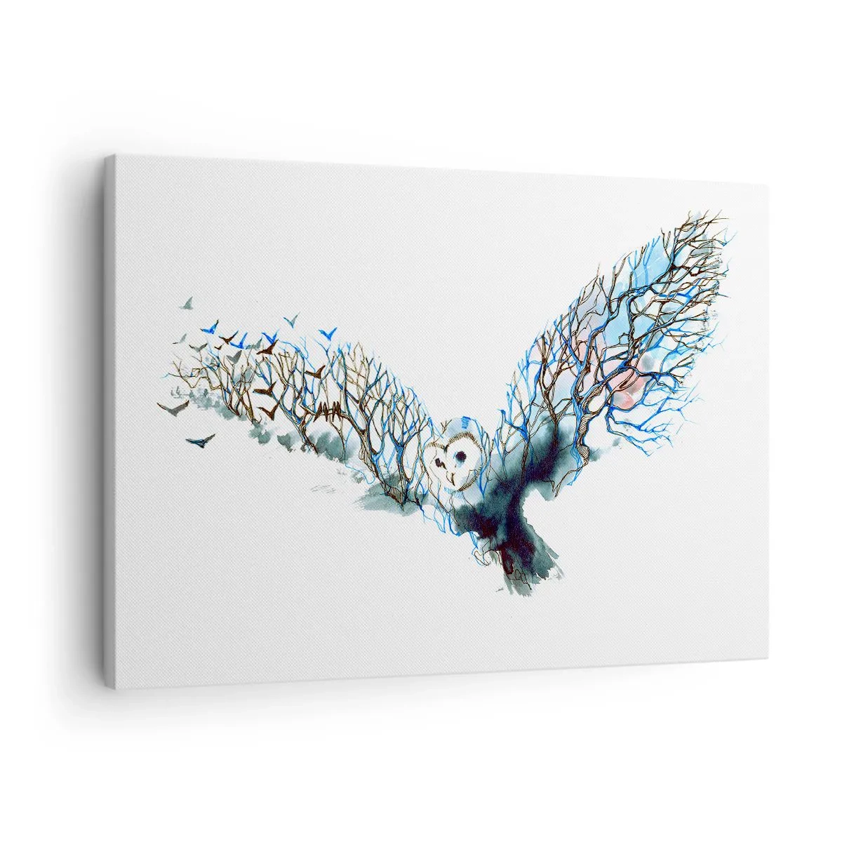 Canvastavla - Bild på duk - Konstnärlig grafik av en uggla med utbredda vingar - 70x50cm - På skogens vingar - Modern väggdekoration för vardagsrum och sovrum ARTTOR