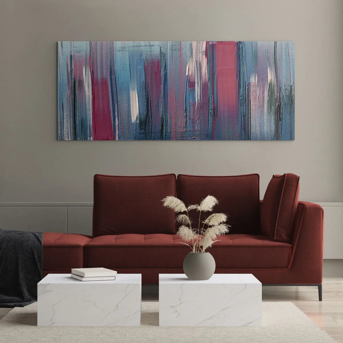Glastavla - Bild på glas - Vertikal komposition i blått och rött - 160x50 cm