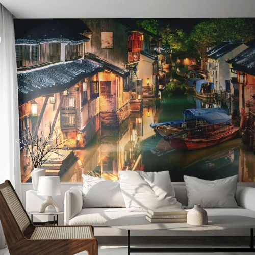 Fototapet Premium Sand - En kväll på kinesisk gata - Landskap, Stad, Asien - 100x70 cm