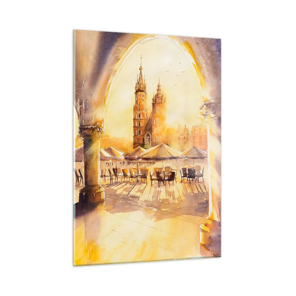 Glastavla - Bild på glas - Gryning över marknaden i Kraków - 50x70 cm