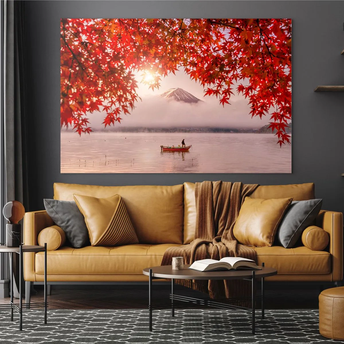 Glastavla - Bild på glas - Mount Fuji med en båt på en sjö omgiven av röda löv - 70x50cm - I japansk stämning - Modern väggdekoration för vardagsrum och sovrum ARTTOR