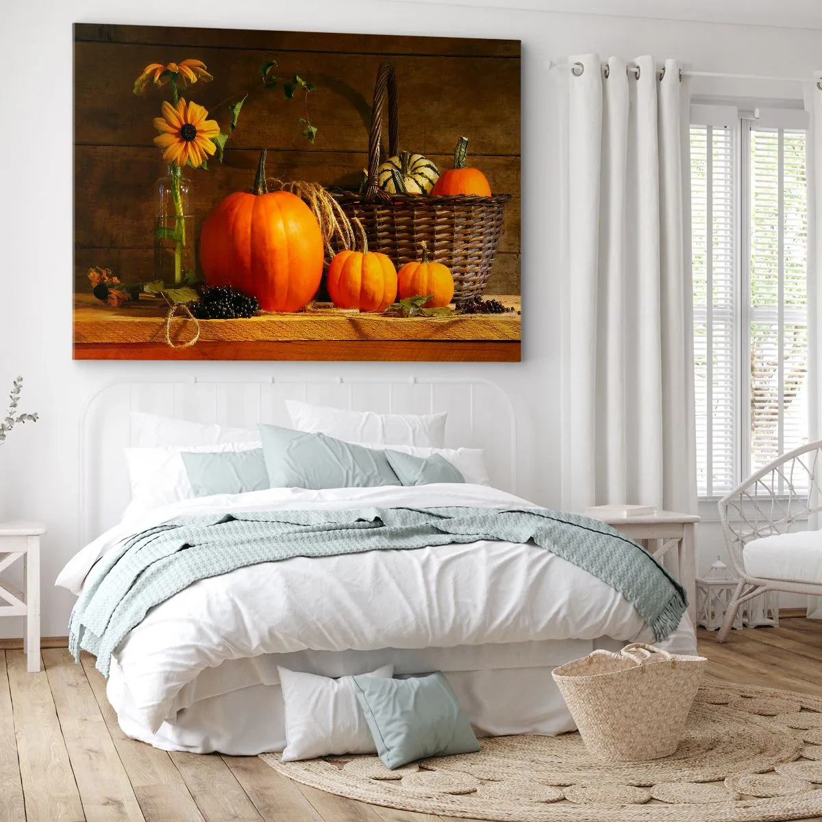 Canvastavla - Bild på duk - Höstkomposition med pumpor och blommor på en träbakgrund - 70x50cm - Rustik komposition - höstens gåvor - Modern väggdekoration för vardagsrum och sovrum ARTTOR