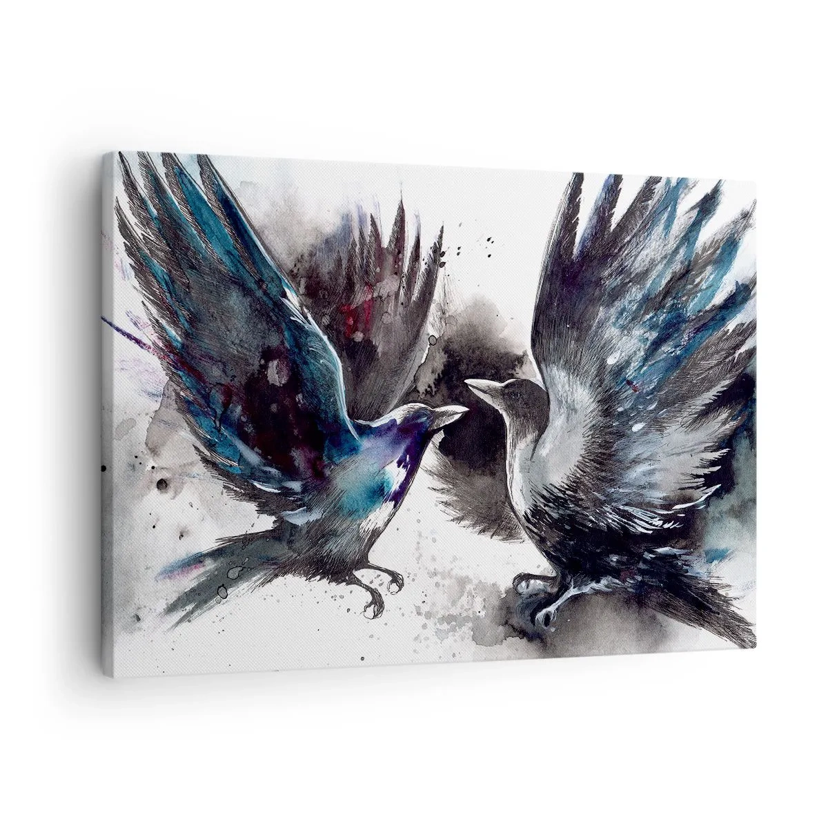 Canvastavla - Bild på duk - Konstnärliga korpar i en dynamisk akvarellkomposition - 70x50cm - Som två korpar... - Modern väggdekoration för vardagsrum och sovrum ARTTOR