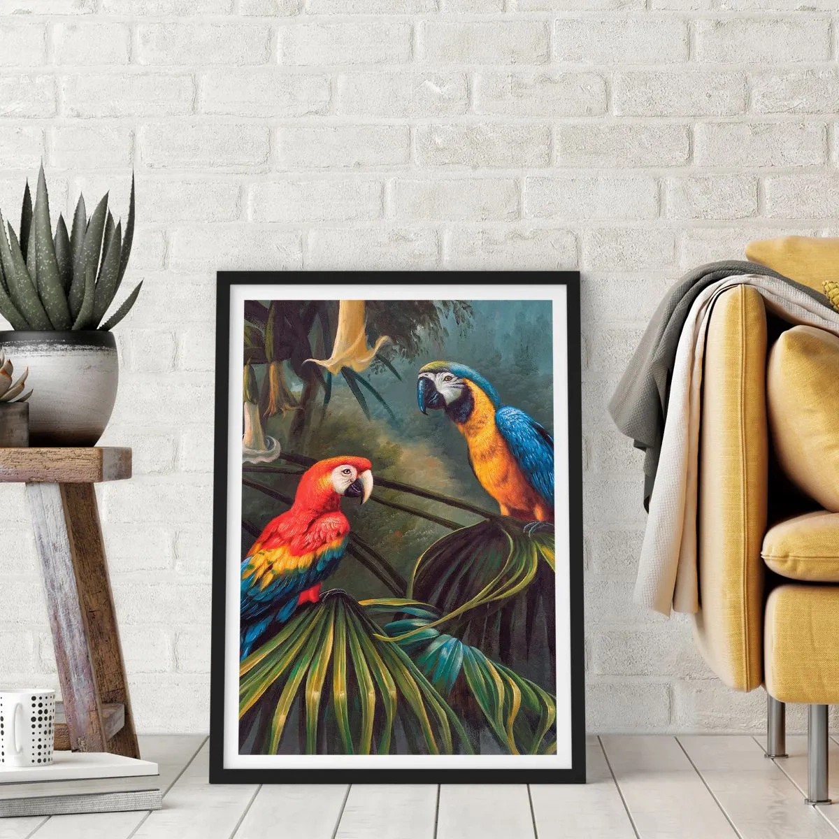 Affisch i svart ram - Tropiska papegojor omgivna av frodig vegetation - 50x70cm - Romantiken i tropikerna - Modern väggdekoration för vardagsrum och sovrum ARTTOR