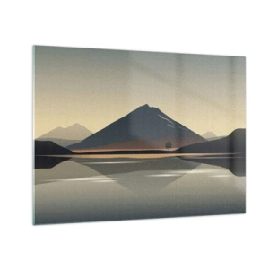 Glastavla - Bild på glas - Berg och sjö i varma toner med en reflekterande effekt - 70x50cm - Spegelbild - Modern väggdekoration för vardagsrum och sovrum ARTTOR
