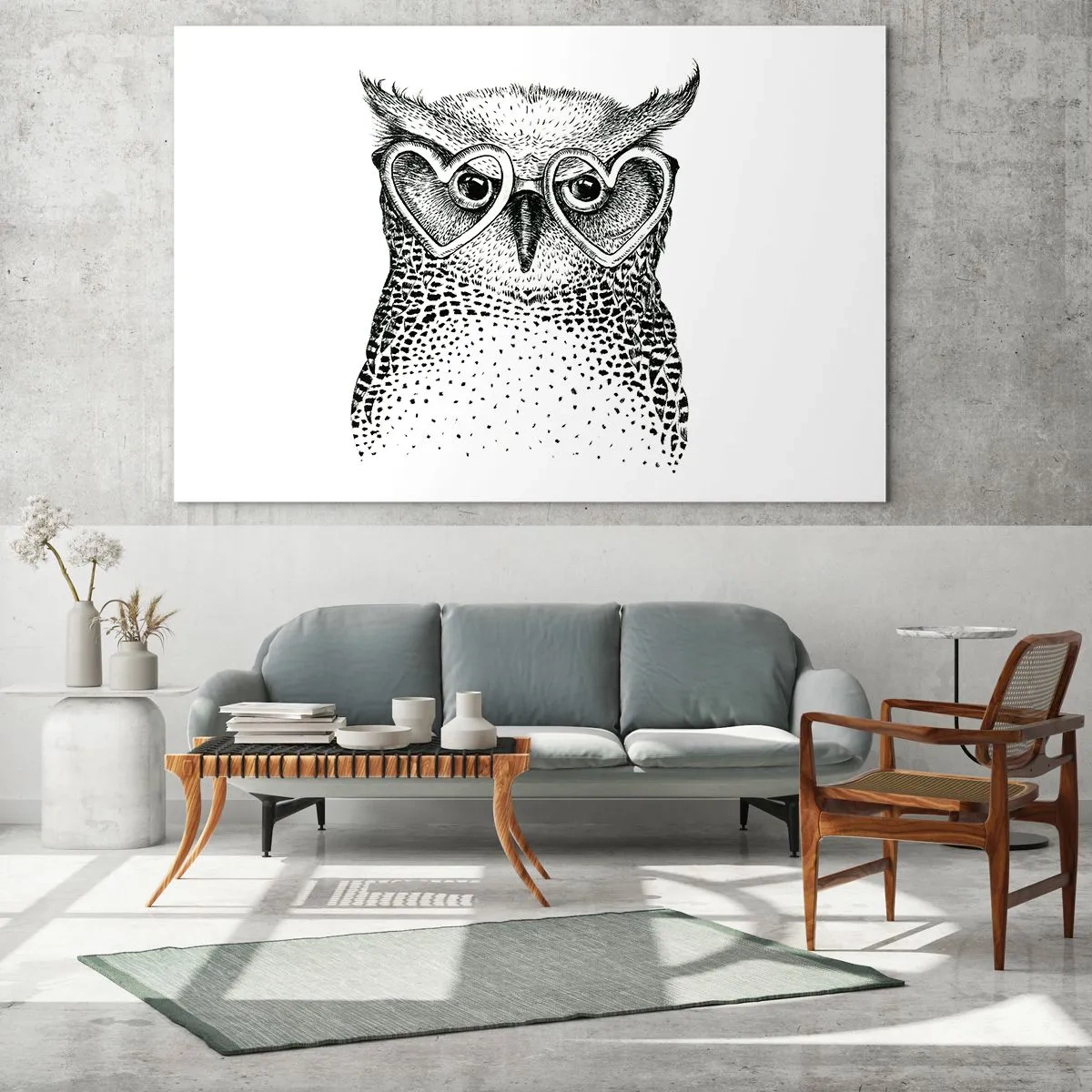 Glastavla - Bild på glas - Illustration av en uggla som bär hjärtformade glasögon - 70x50cm - Klokt och med kärlek - Modern väggdekoration för vardagsrum och sovrum ARTTOR