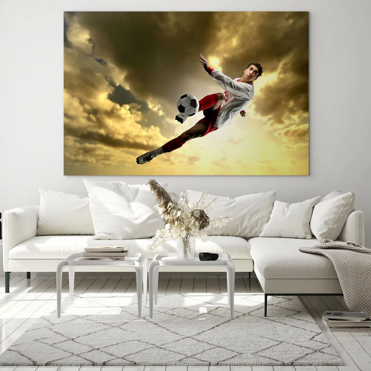 Glastavla - Bild på glas - En fotbollsspelare i aktion mot en gyllene himmel - 70x50cm - Fotbollshimmel - Modern väggdekoration för vardagsrum och sovrum ARTTOR