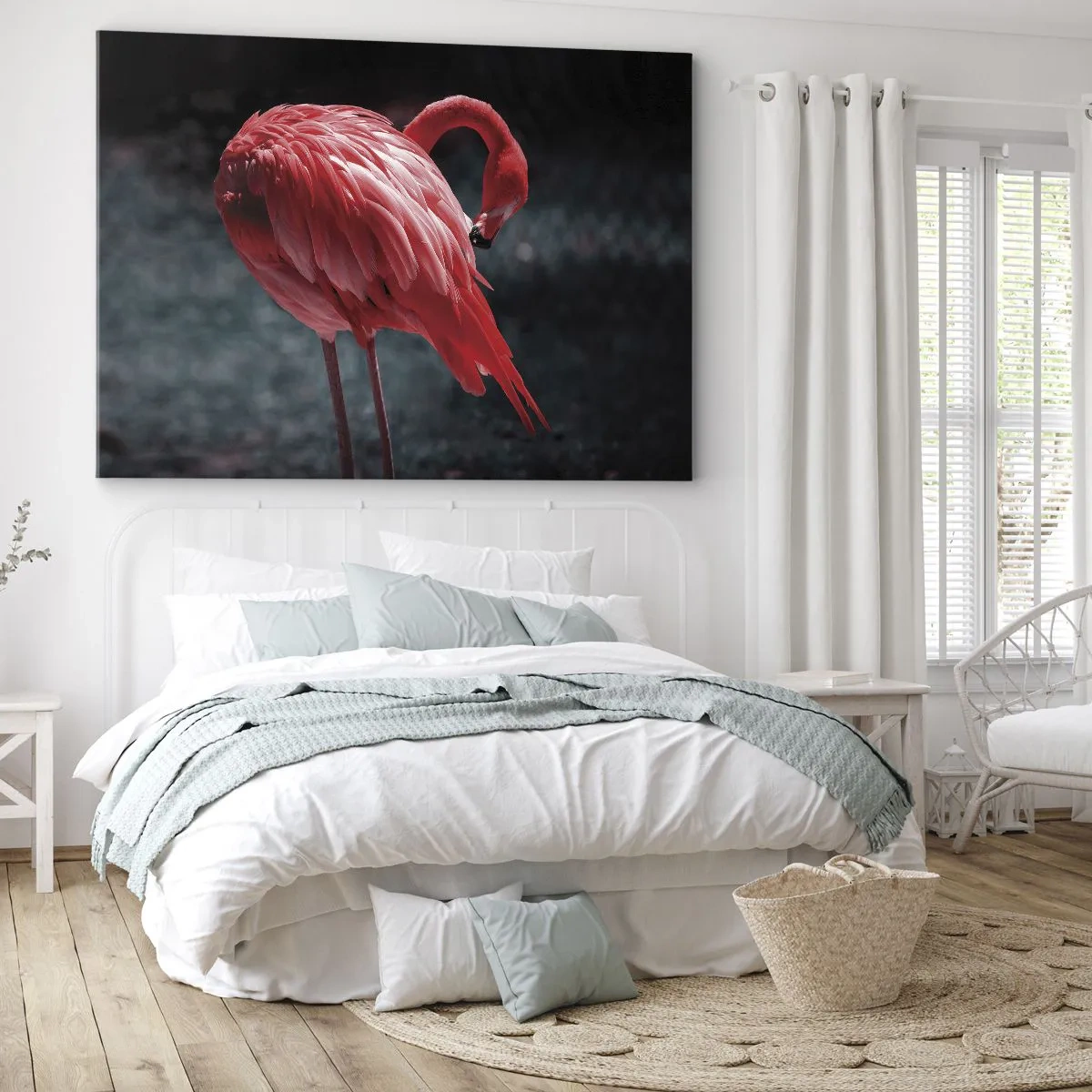Canvastavla - Bild på duk - En rosa flamingo på en mörkgrön bakgrund - 70x50cm - Djuprött naturpoem - Modern väggdekoration för vardagsrum och sovrum ARTTOR