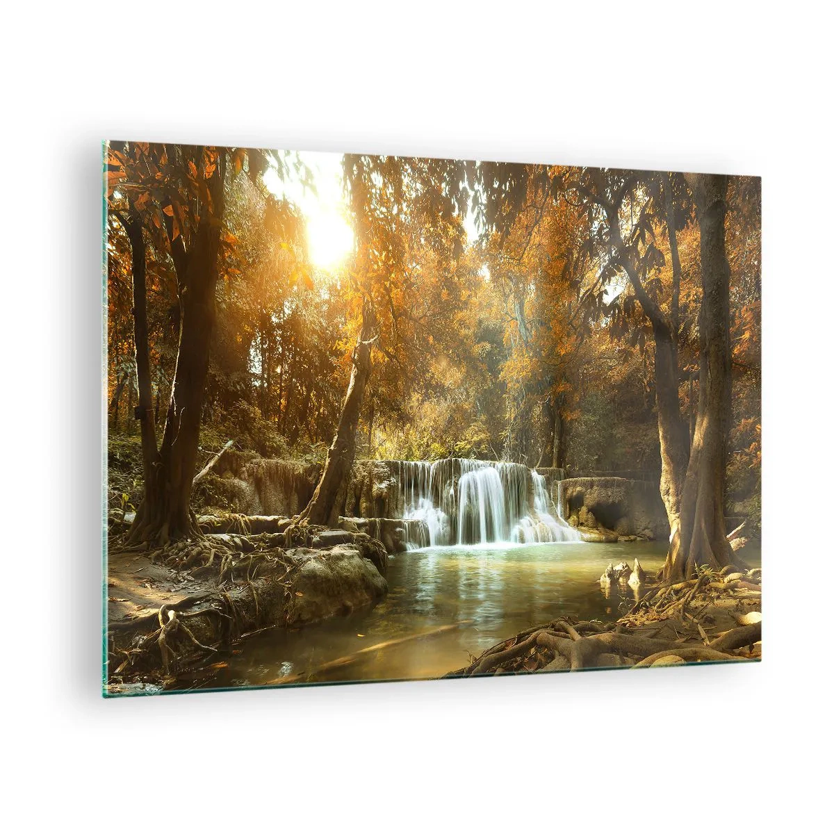 Glastavla - Bild på glas - Ett vattenfall i en park omgiven av träd i höstfärger - 70x50cm - Parkkaskad - Modern väggdekoration för vardagsrum och sovrum ARTTOR