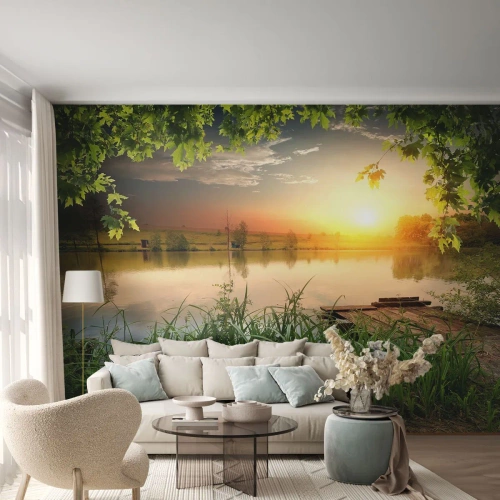 Fototapet Premium Sand - landskap i en grön ram - Landskap, Sjö, Träbro - 100x70 cm