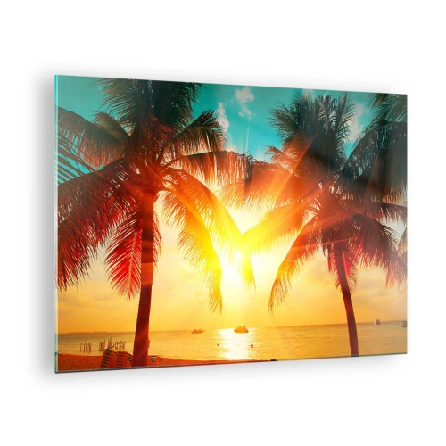 Glastavla - Bild på glas - Solbelysta palmer över en tropisk strand - 70x50cm - Exotisk par - Modern väggdekoration för vardagsrum och sovrum ARTTOR