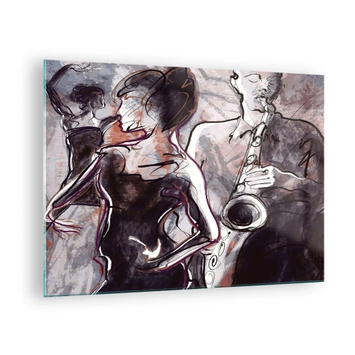 Glastavla - Bild på glas - Dansare och en saxofonist i en konstnärlig skissstil - 70x50cm - Driva iväg i musiken - Modern väggdekoration för vardagsrum och sovrum ARTTOR